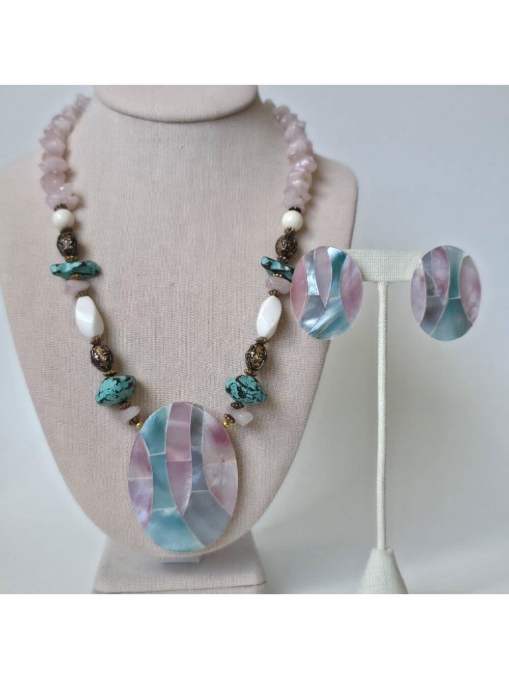 Vintage Mosaic Shell Earrings Necklace Clipon Earrings Set Acrylic Rose Quartz